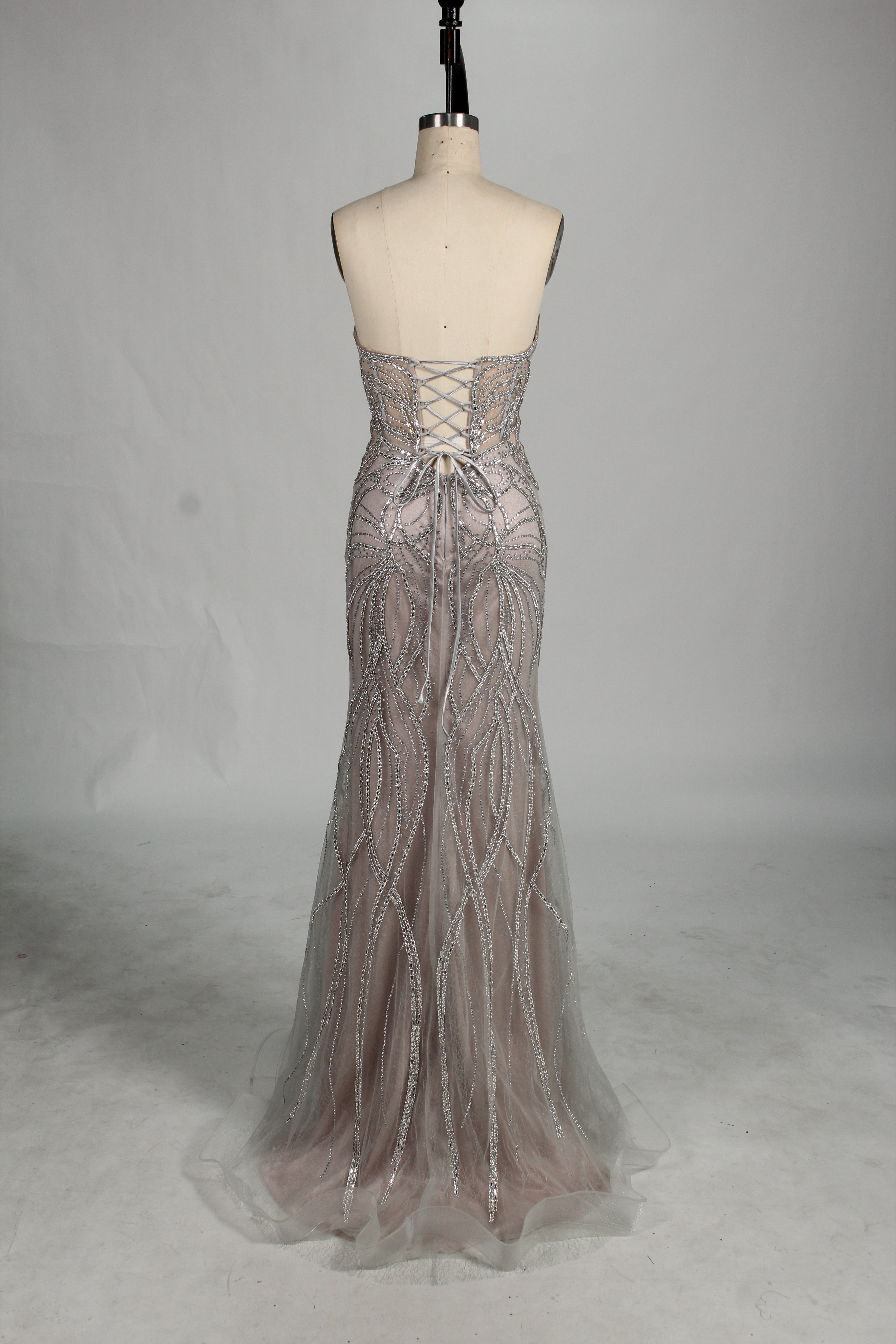 Wholesale Silver Beaded Sheer Mermaid Prom Dress 33172