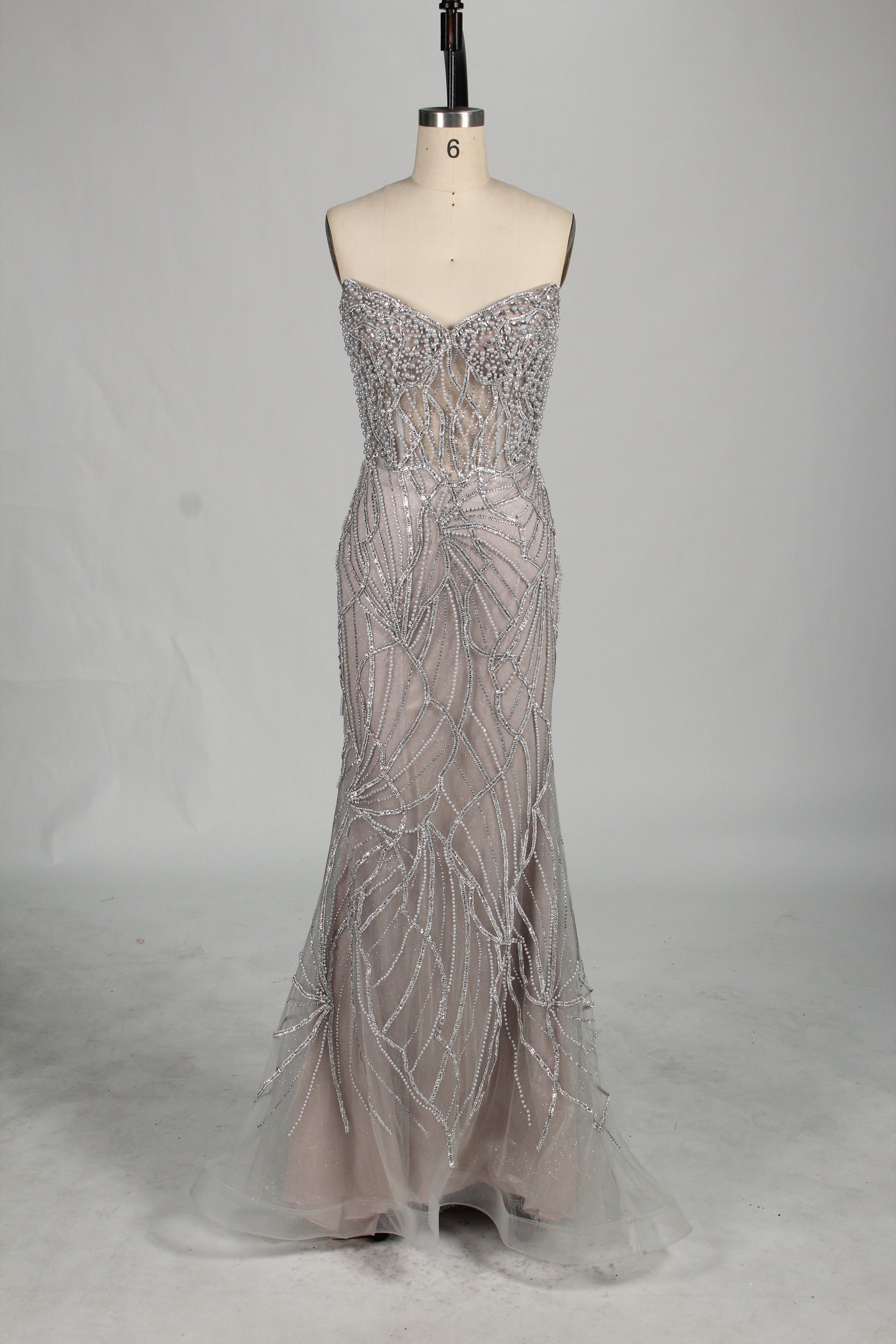 Wholesale Silver Pearl - Embellished Strapless Evening Gown 33175
