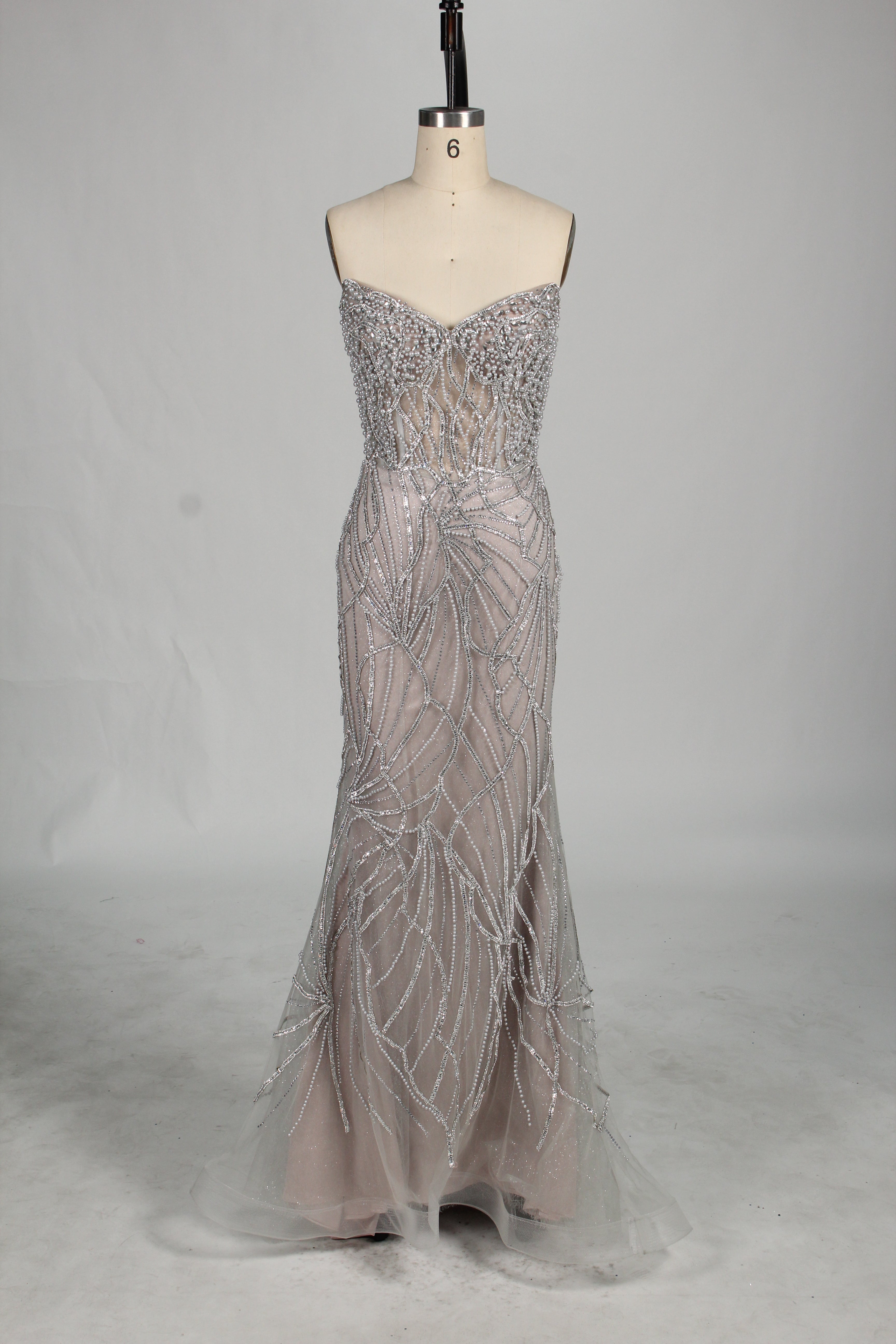 Wholesale Silver Pearl - Embellished Strapless Evening Gown 33175