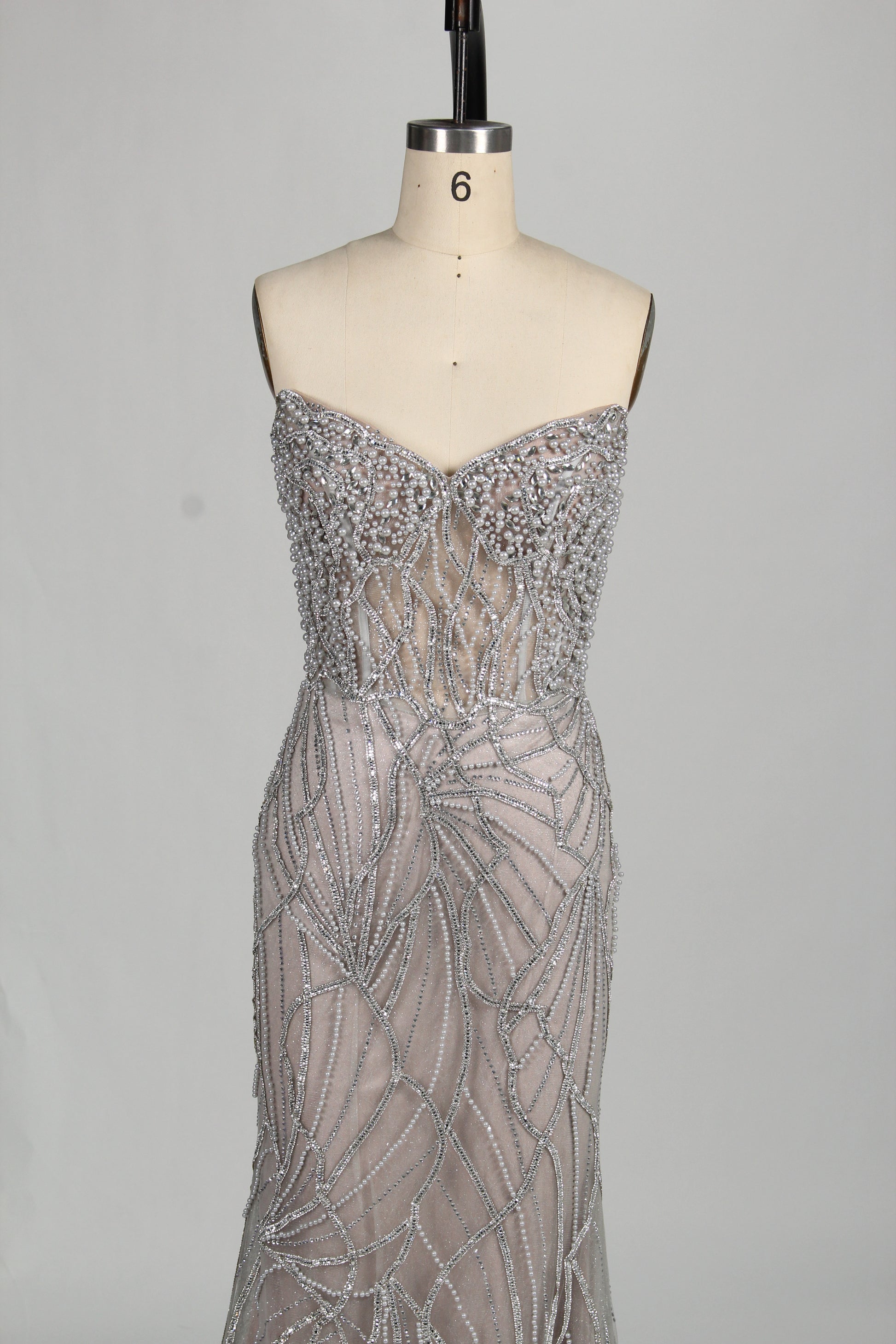 Wholesale Silver Pearl - Embellished Strapless Evening Gown 33175