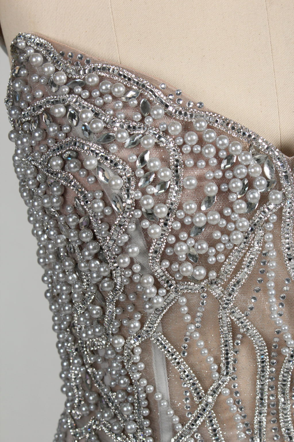 Wholesale Silver Pearl - Embellished Strapless Evening Gown 33175