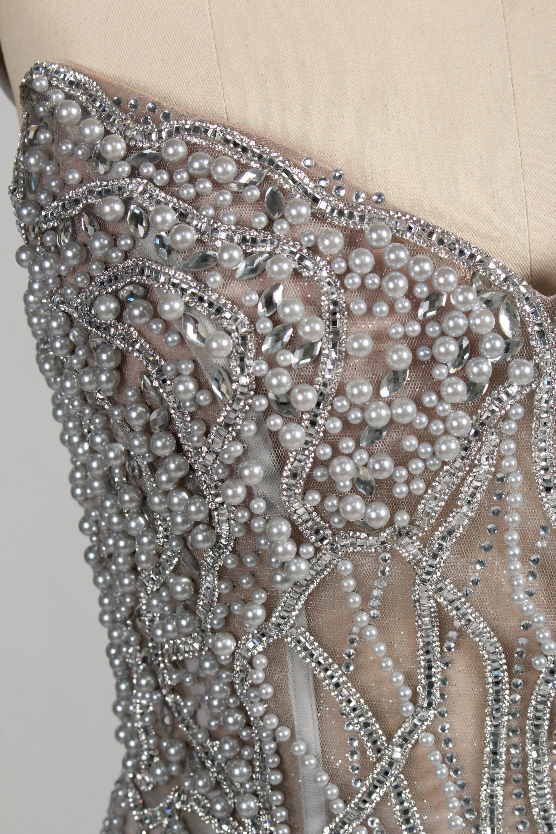 Wholesale Silver Pearl - Embellished Strapless Evening Gown 33175