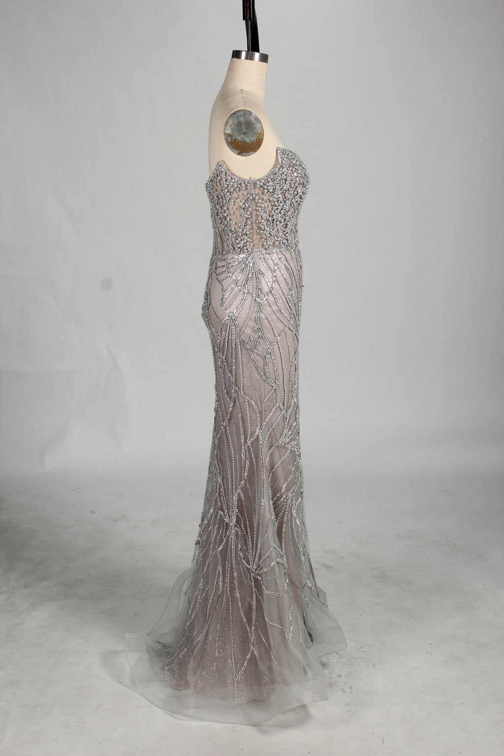 Wholesale Silver Pearl - Embellished Strapless Evening Gown 33175