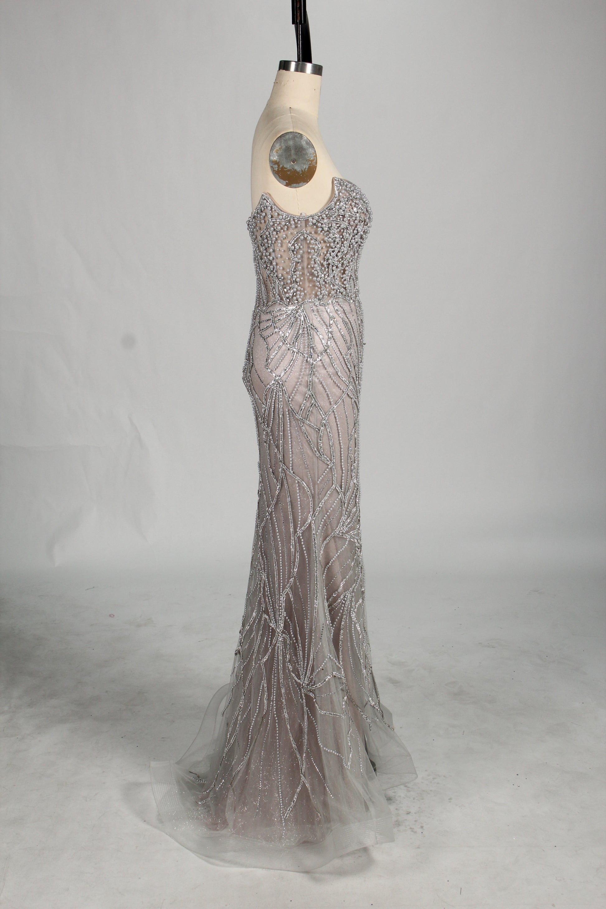 Wholesale Silver Pearl - Embellished Strapless Evening Gown 33175