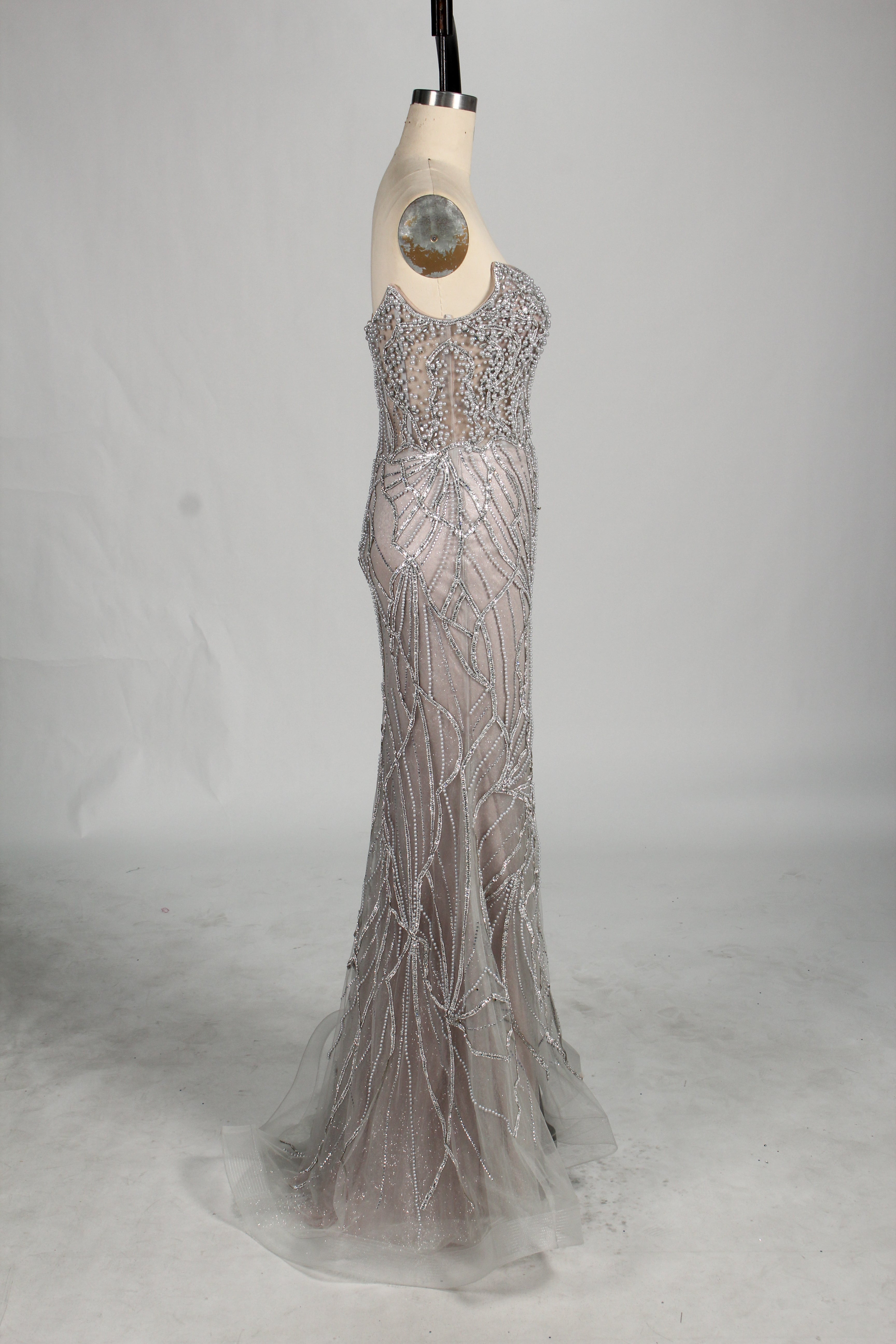 Wholesale Silver Pearl - Embellished Strapless Evening Gown 33175