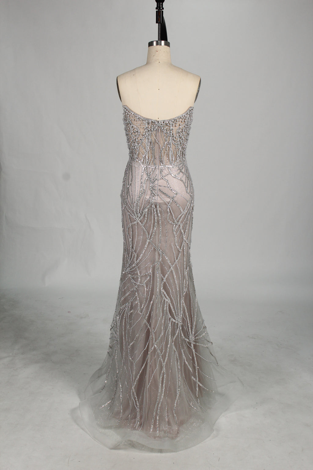 Wholesale Silver Pearl - Embellished Strapless Evening Gown 33175