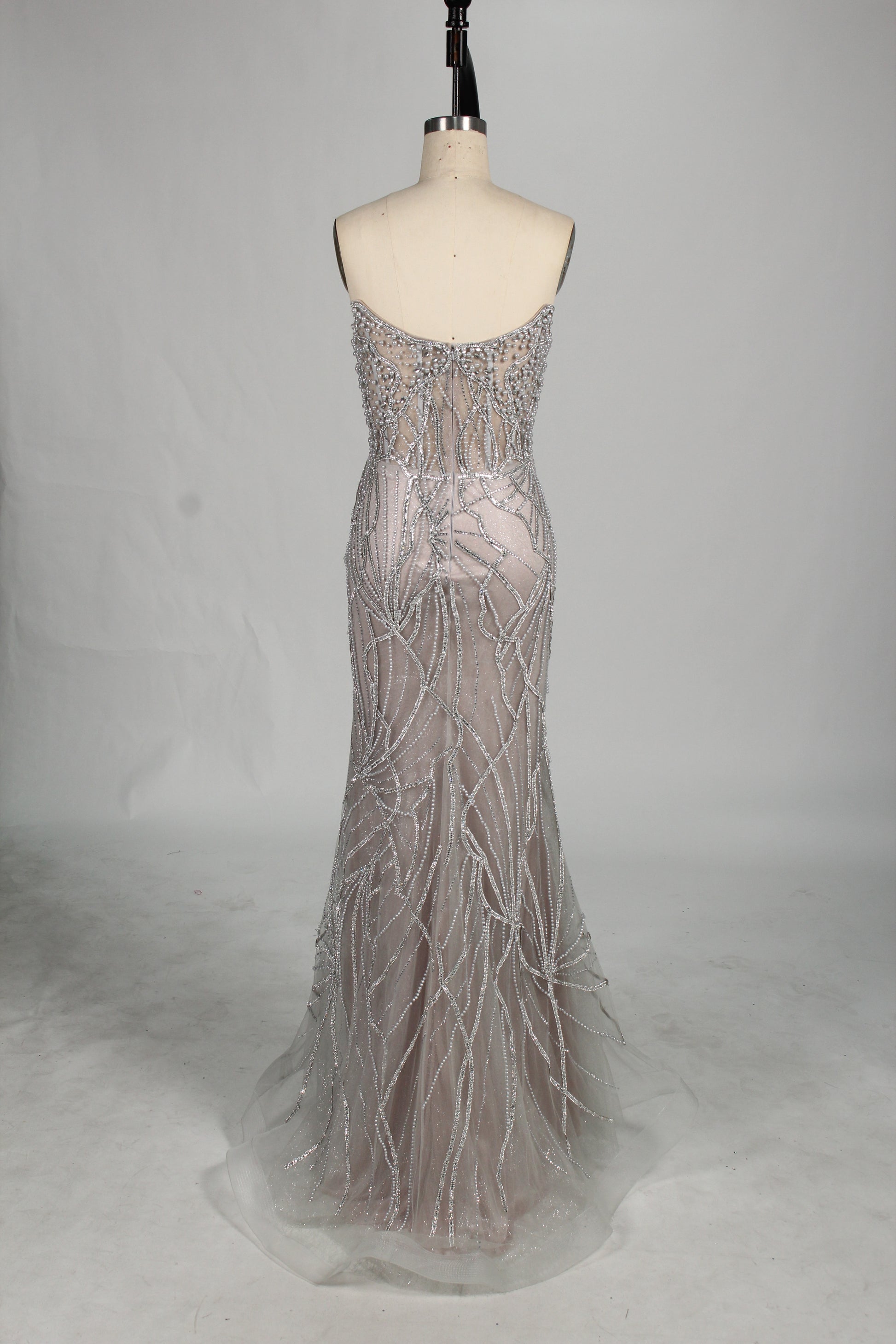 Wholesale Silver Pearl - Embellished Strapless Evening Gown 33175