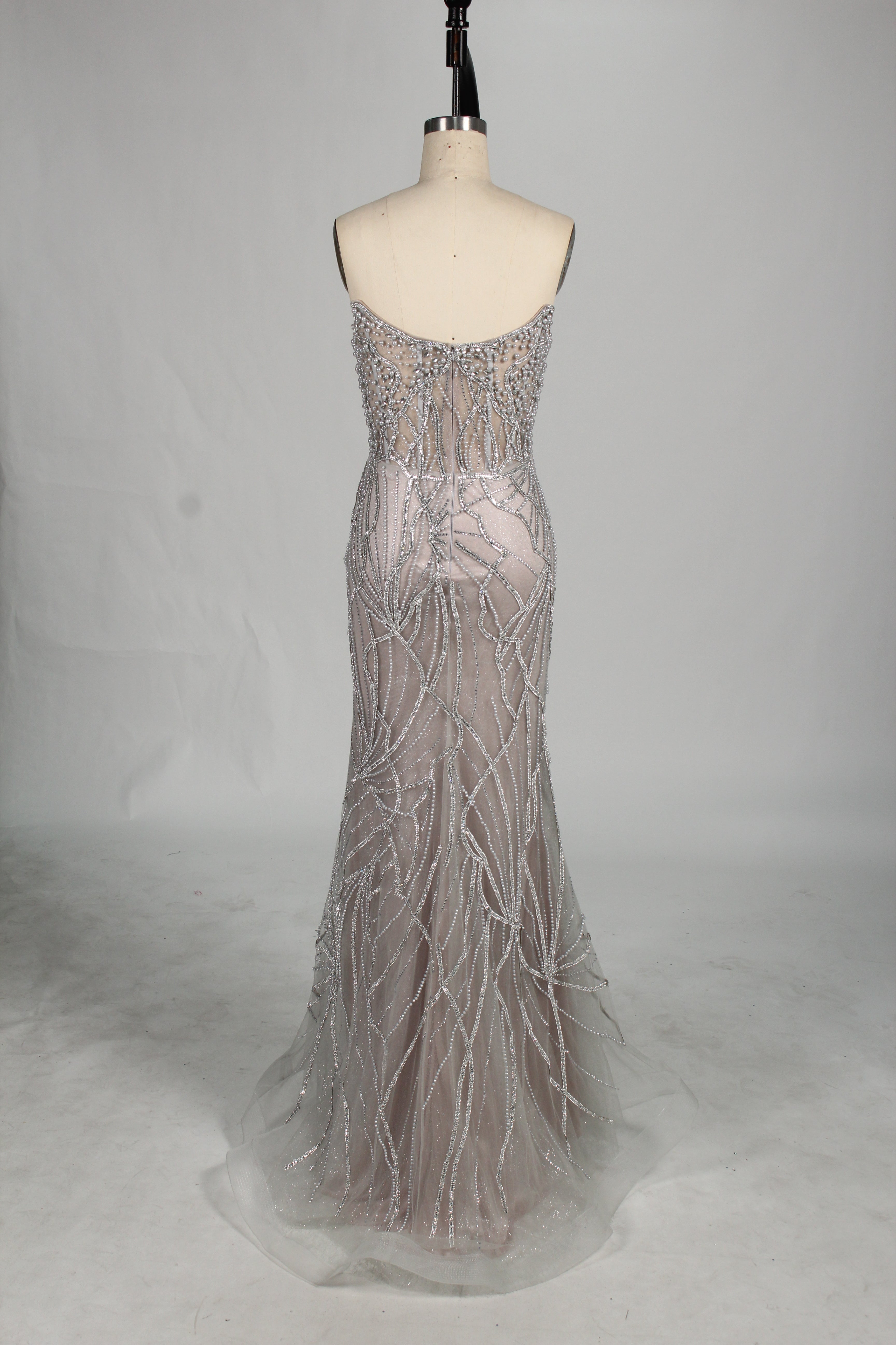 Wholesale Silver Pearl - Embellished Strapless Evening Gown 33175