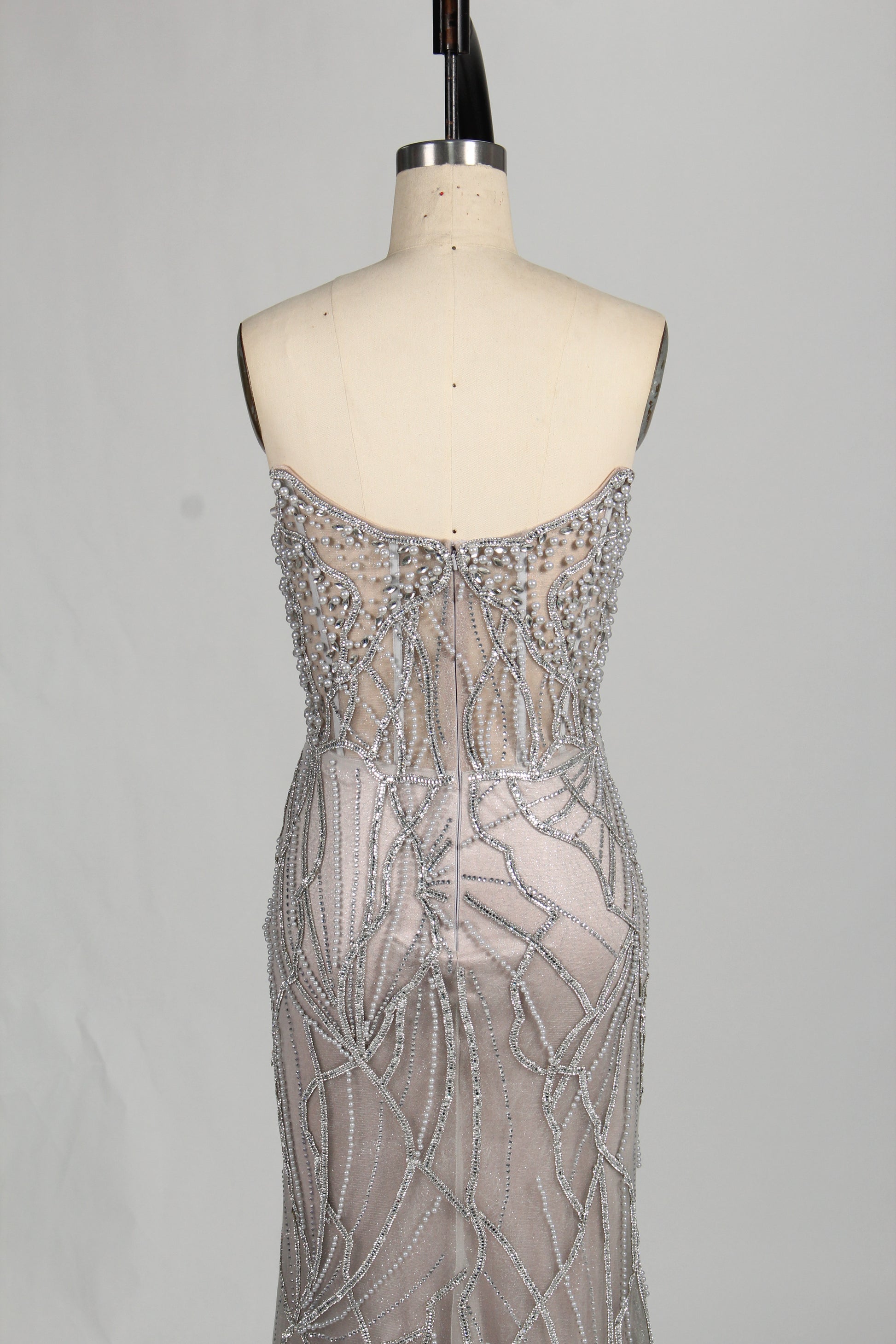 Wholesale Silver Pearl - Embellished Strapless Evening Gown 33175