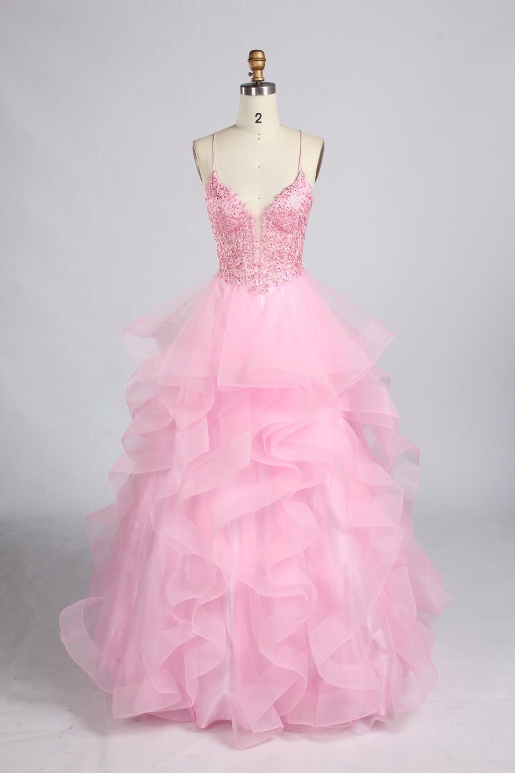 Wholesale Pink Sequin Spaghetti Strap Prom Dress with Ruffled Skirt 33338