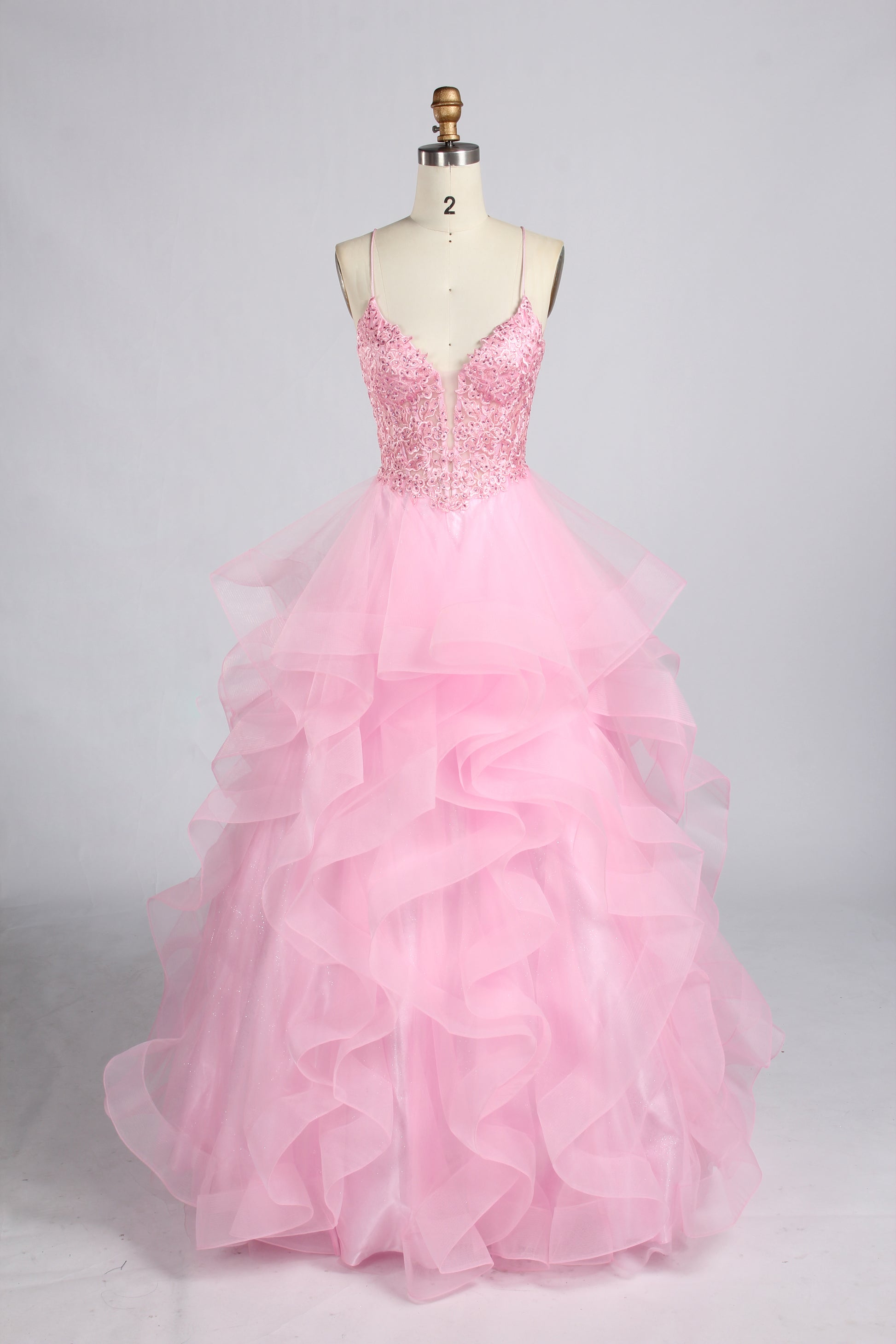 Wholesale Pink Sequin Spaghetti Strap Prom Dress with Ruffled Skirt 33338