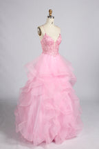 Wholesale Pink Sequin Spaghetti Strap Prom Dress with Ruffled Skirt 33338