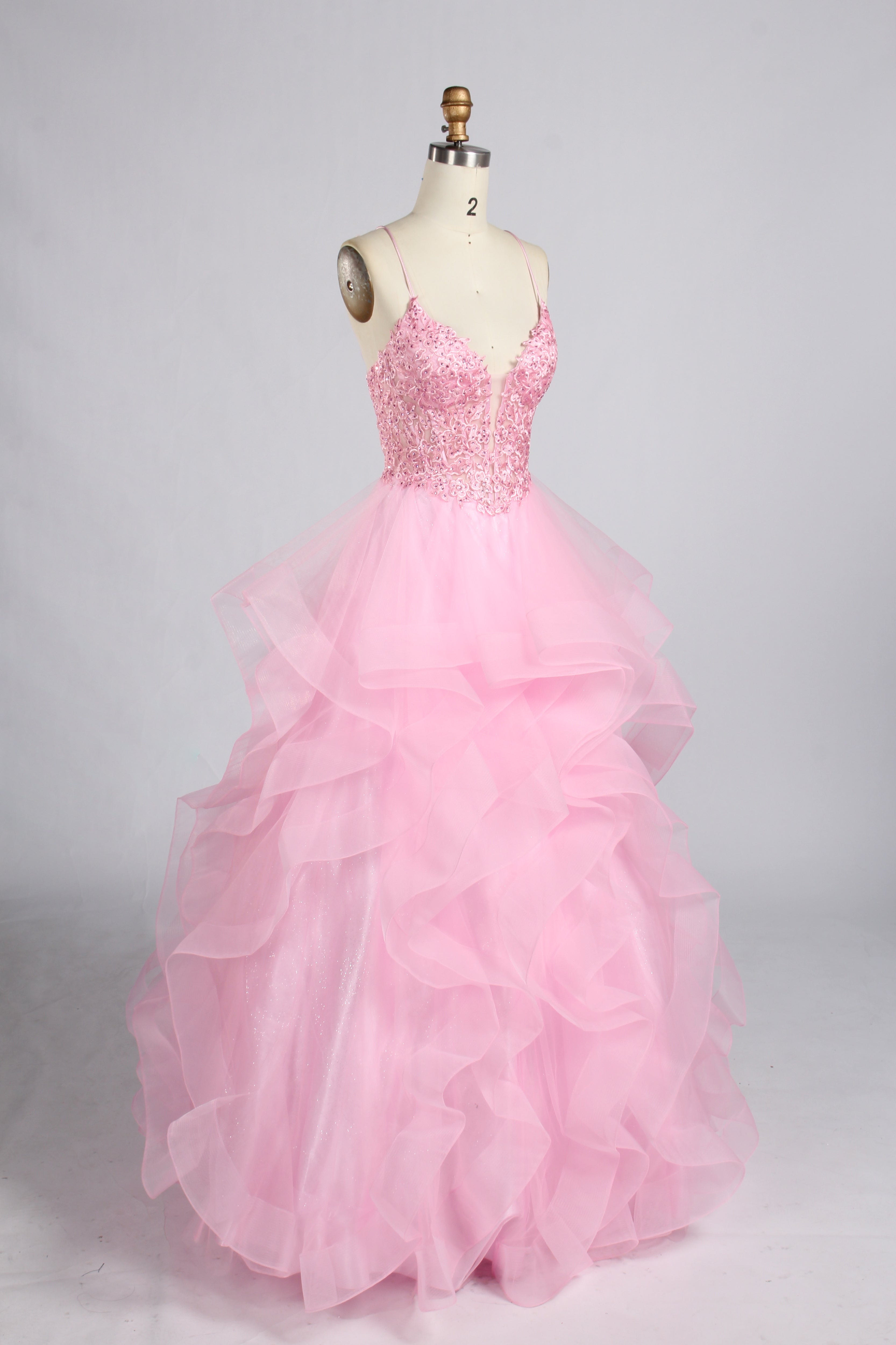 Wholesale Pink Sequin Spaghetti Strap Prom Dress with Ruffled Skirt 33338