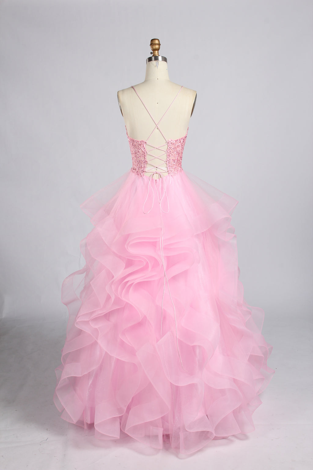 Wholesale Pink Sequin Spaghetti Strap Prom Dress with Ruffled Skirt 33338