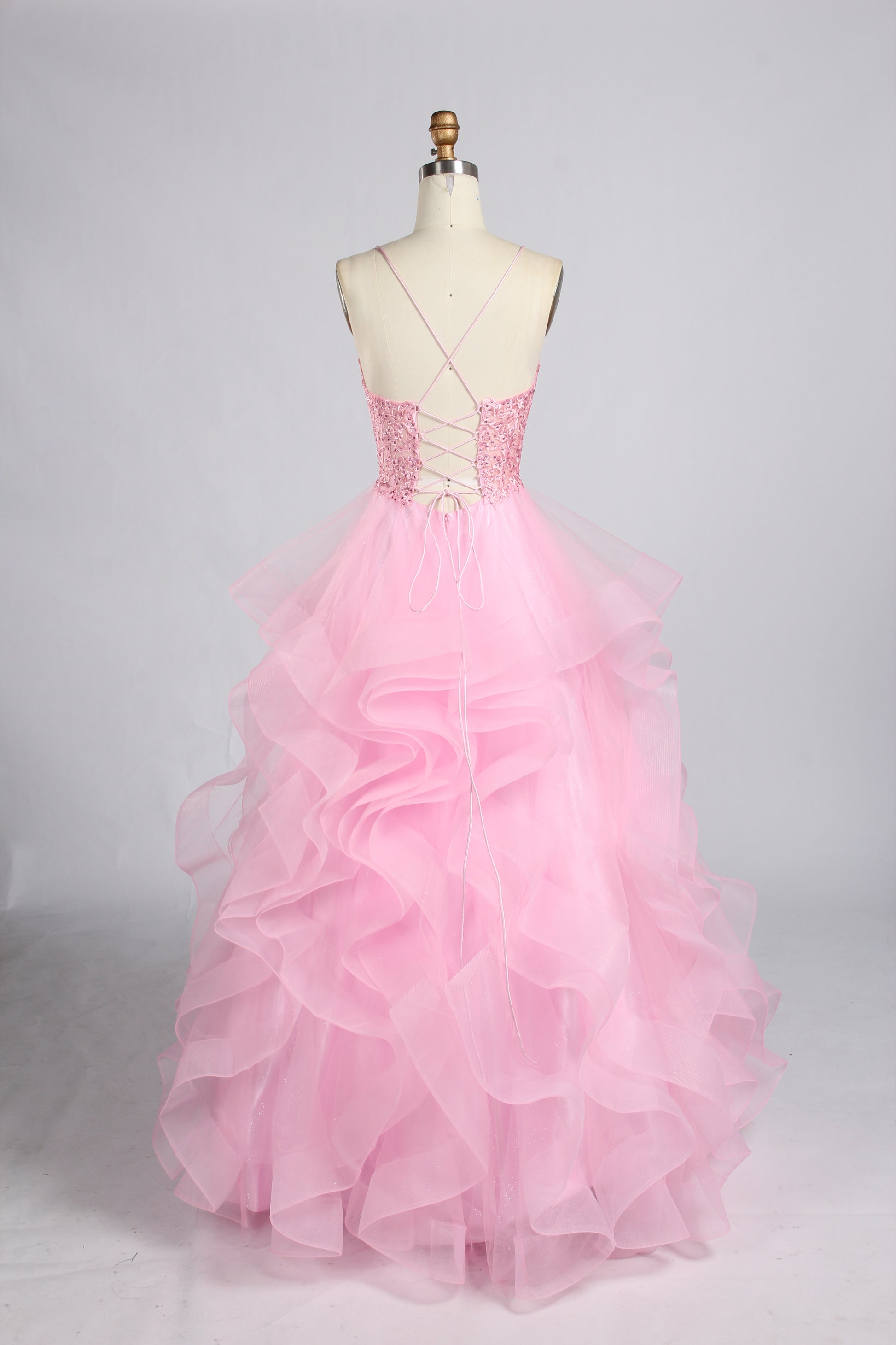 Wholesale Pink Sequin Spaghetti Strap Prom Dress with Ruffled Skirt 33338