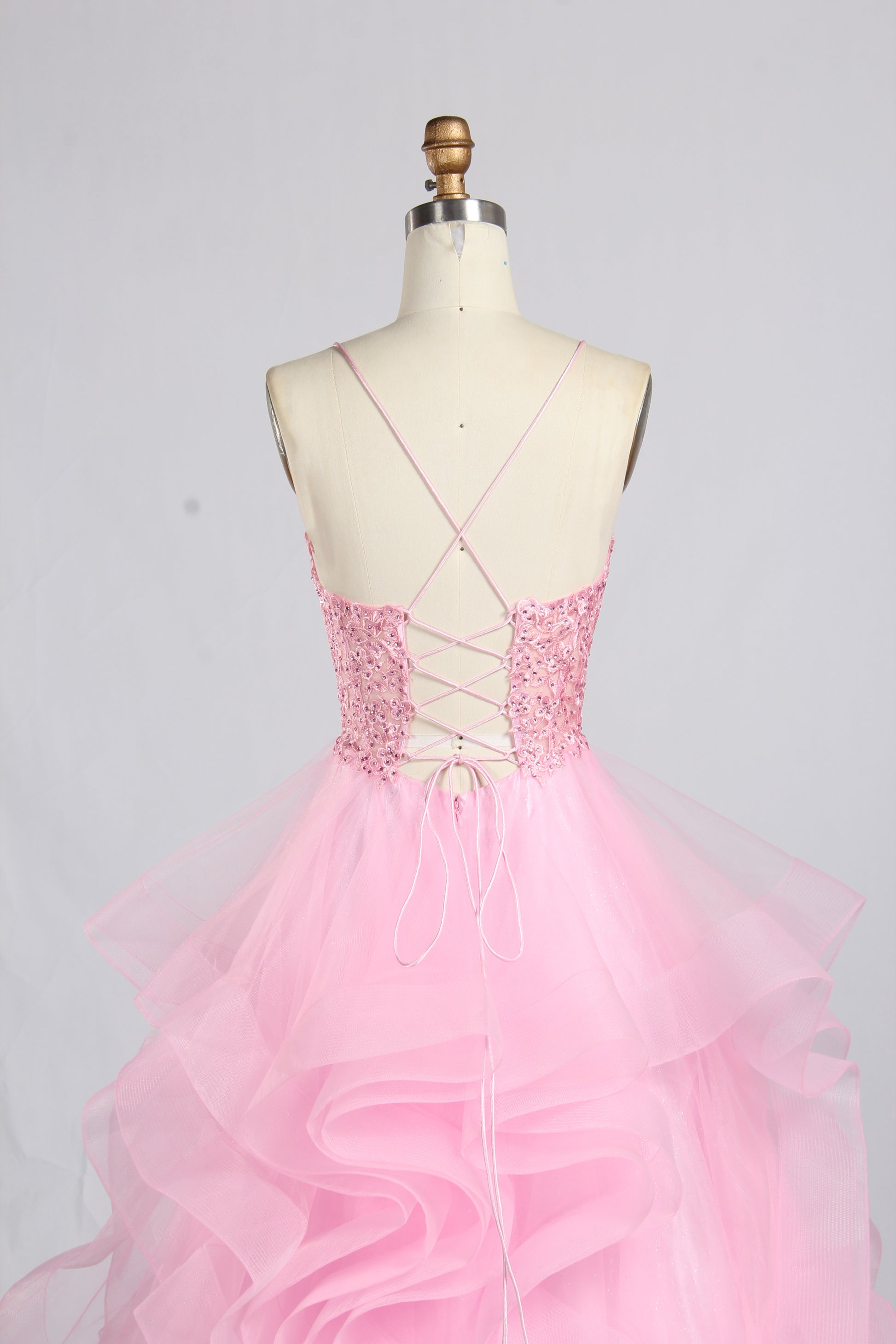 Wholesale Pink Sequin Spaghetti Strap Prom Dress with Ruffled Skirt 33338