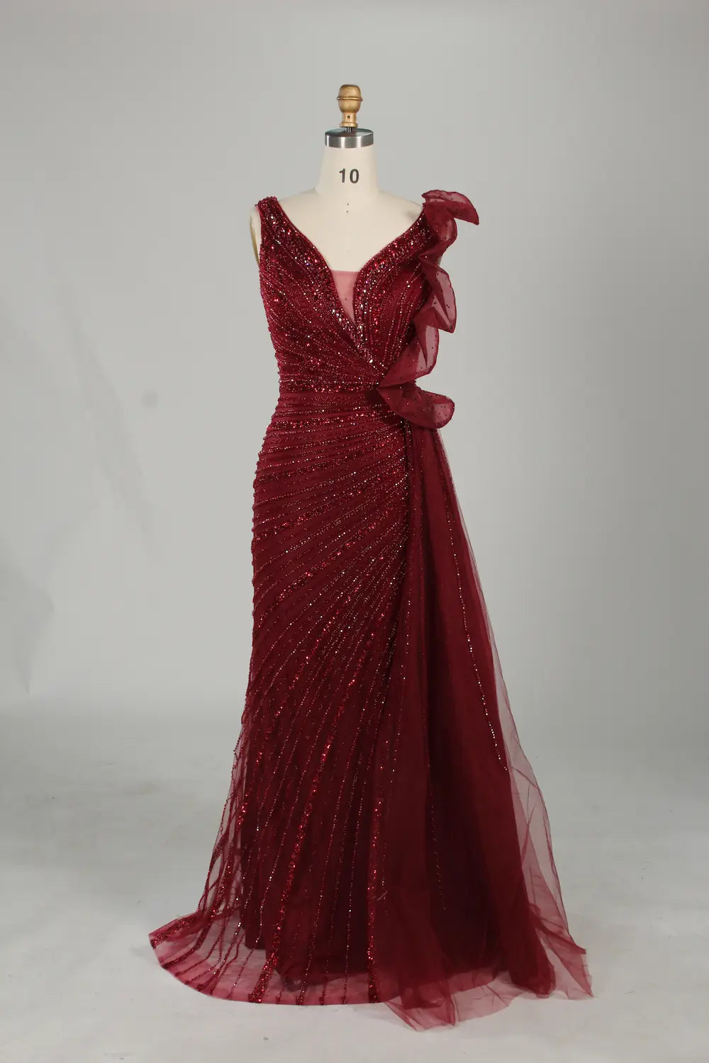 Burgundy beaded V-neck long dress with lace shoulder ruffles