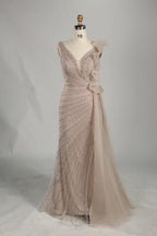 Dusty rose beaded V-neck long dress with lace cascade shoulder detail