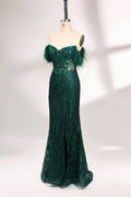 A mannequin displays a dark green strapless evening gown. It has feather - trimmed cups and a sequined, form - fitting skirt that reaches the floor, with a side slit. The intricate design and shimmering texture make it elegant for formal events.01