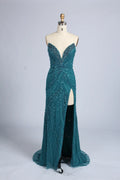 Teal Blue Beaded Sequin V-Neck High Slit Evening Dress MC163