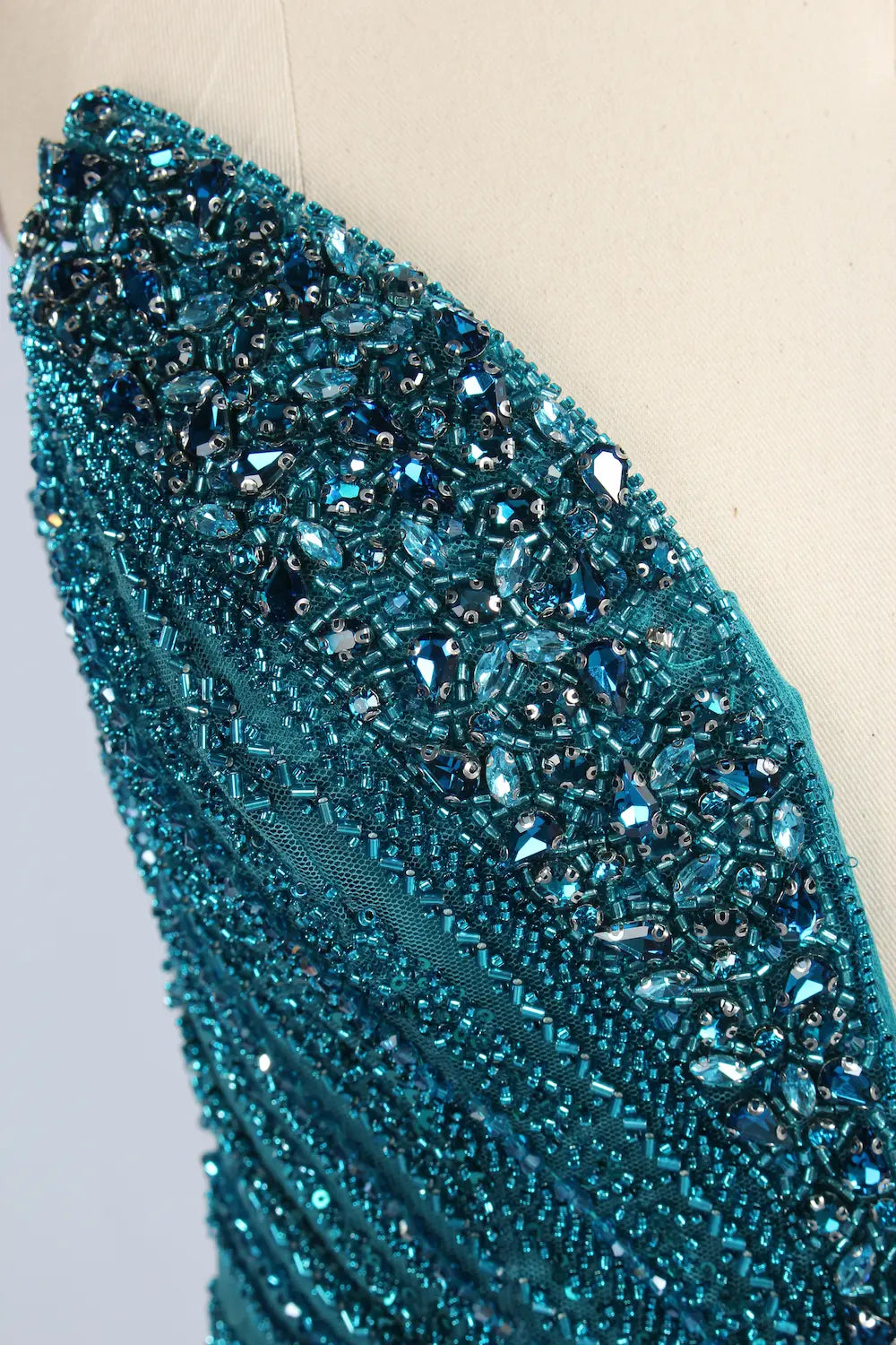 Teal Blue Beaded Sequin V-Neck High Slit Evening Dress MC163