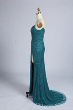 Teal Blue Beaded Sequin V-Neck High Slit Evening Dress MC163