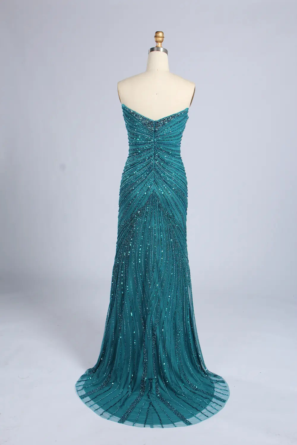 Teal Blue Beaded Sequin V-Neck High Slit Evening Dress MC163