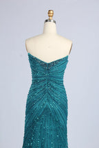 Teal Blue Beaded Sequin V-Neck High Slit Evening Dress MC163