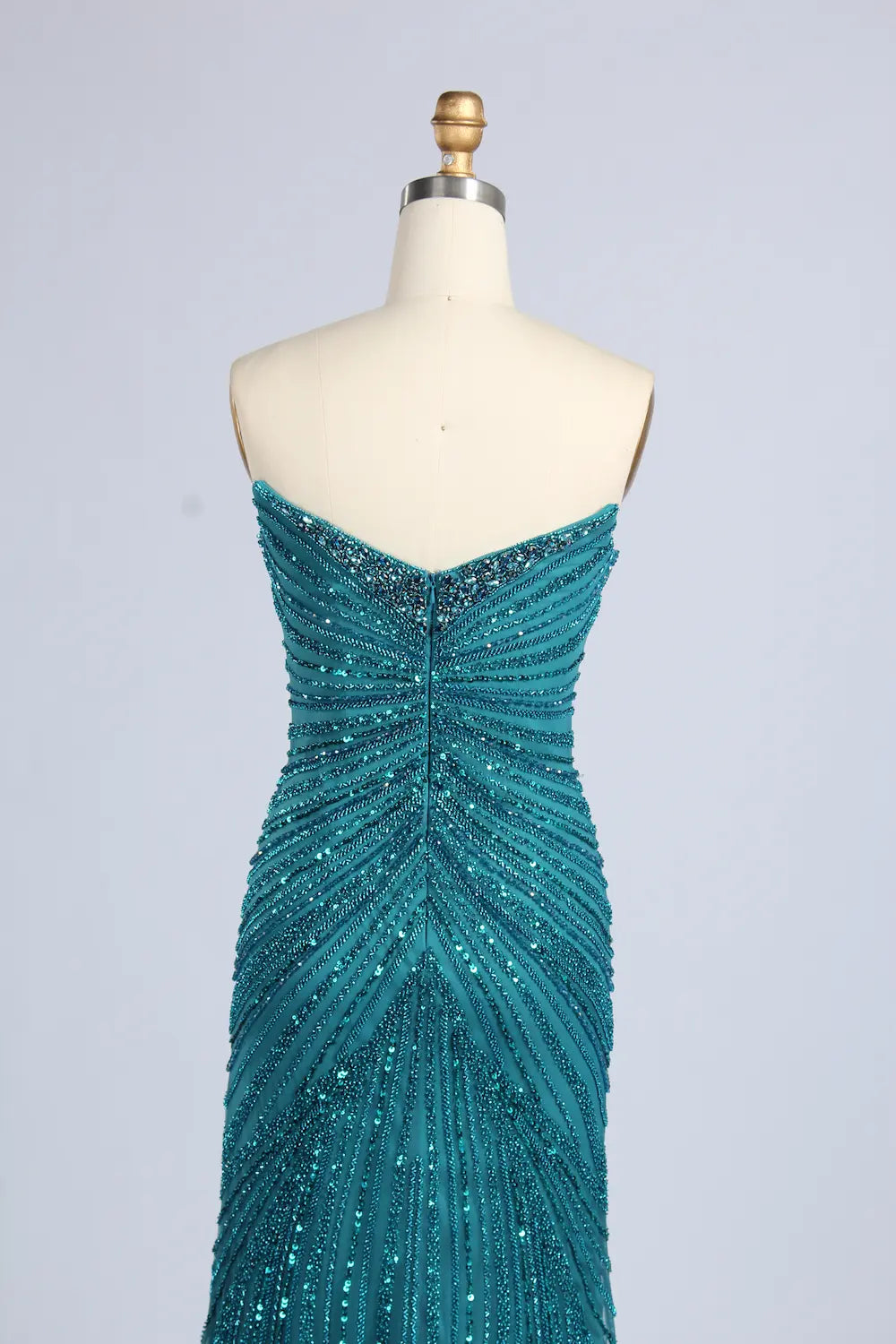 Teal Blue Beaded Sequin V-Neck High Slit Evening Dress MC163