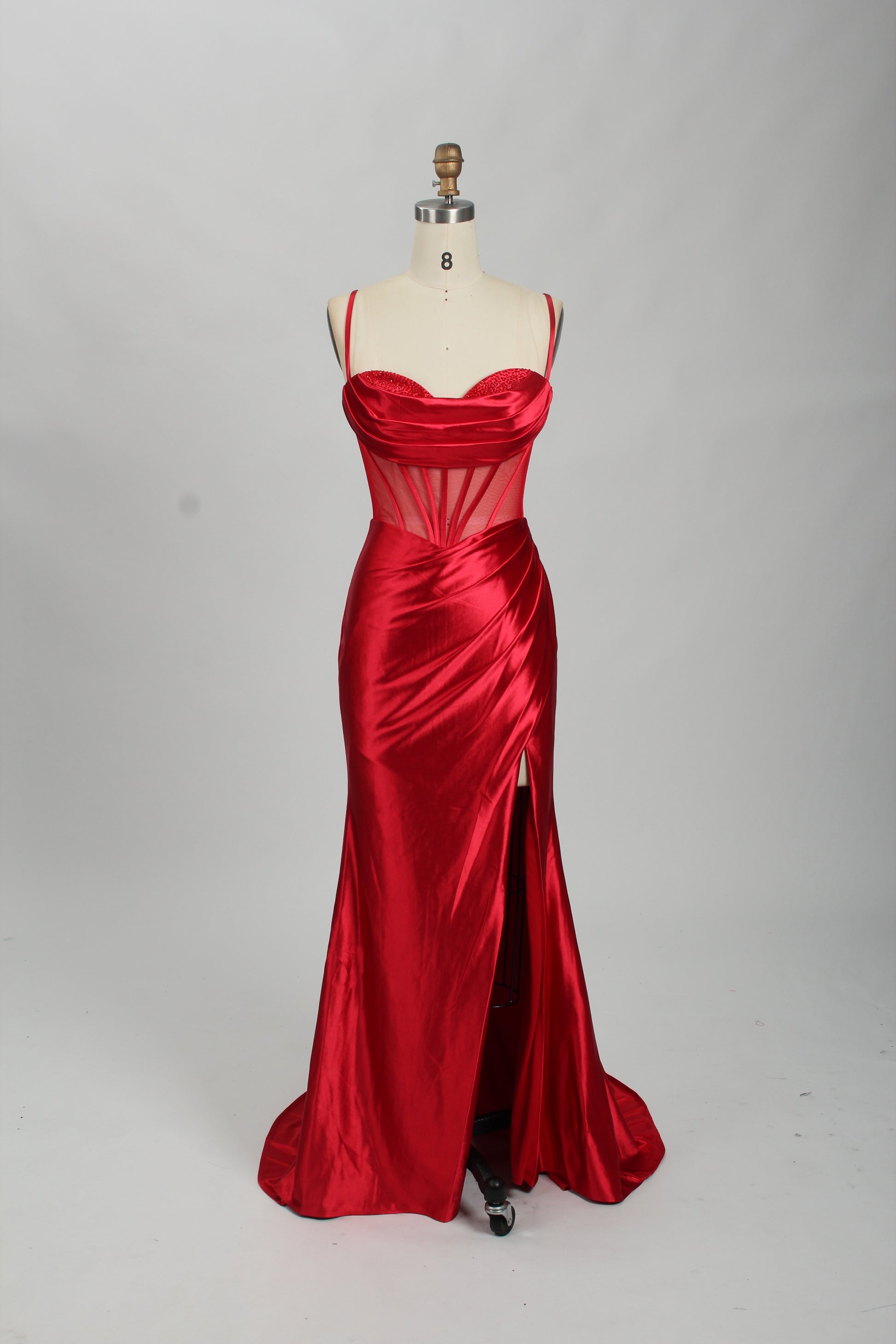Wholesale Royal Blue Satin Prom Dress - Sheer Corset Slit Evening Gown 32727