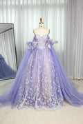 Wholesale Lilac Butterfly Quinceañera Dress Oversized Bow Sleeves Sequin Lace Ball Gown KT1362