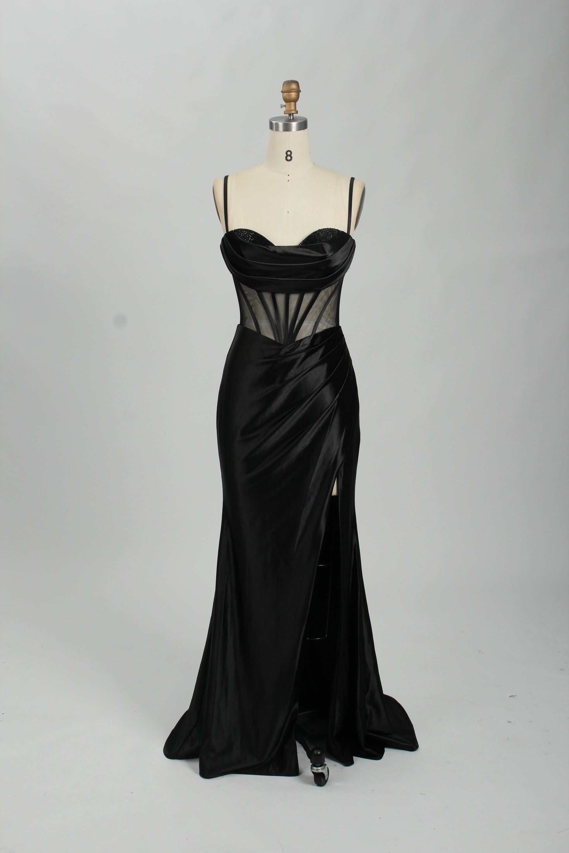 Wholesale Royal Blue Satin Prom Dress - Sheer Corset Slit Evening Gown 32727