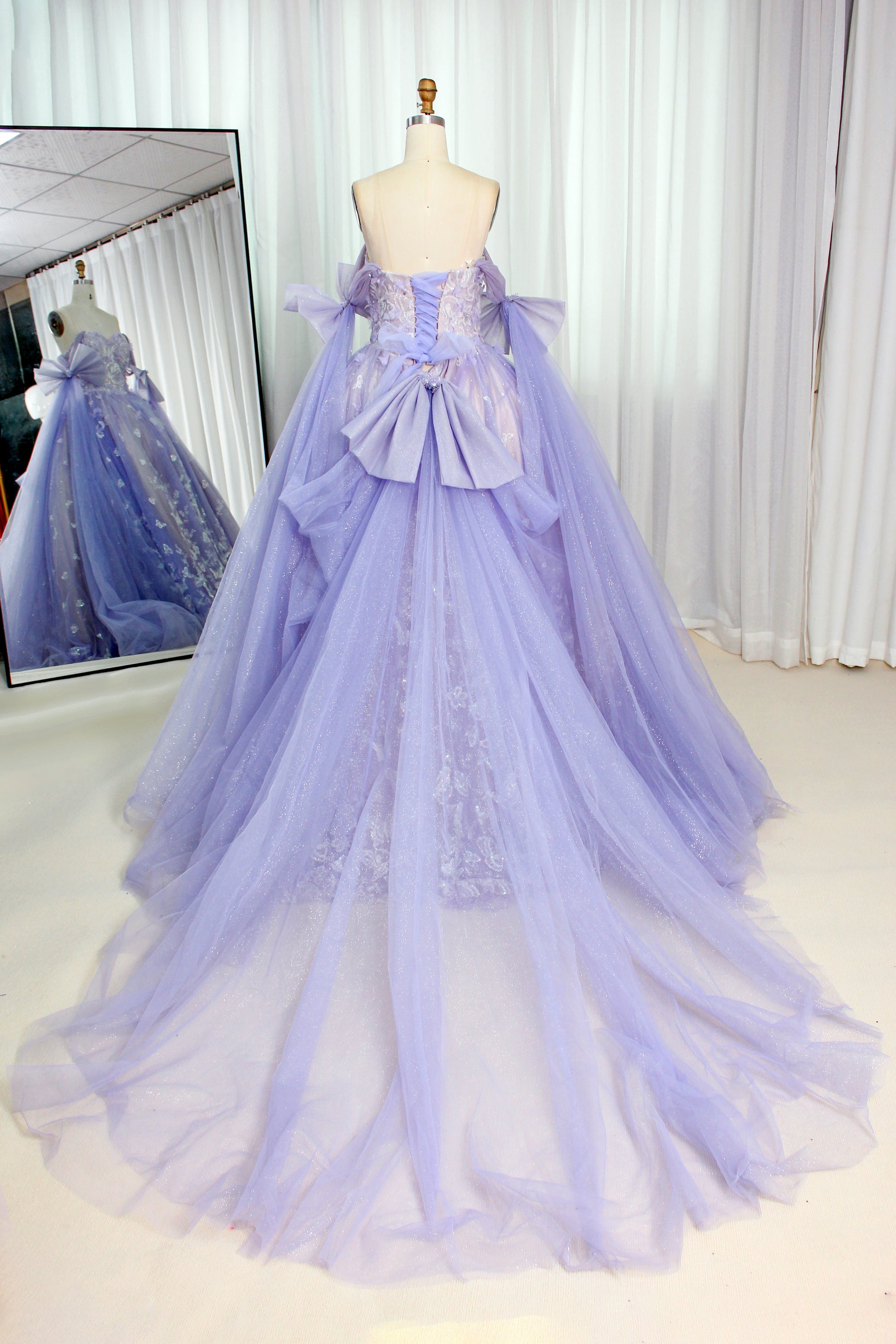 Wholesale Lilac Butterfly Quinceañera Dress Oversized Bow Sleeves Sequin Lace Ball Gown KT1362