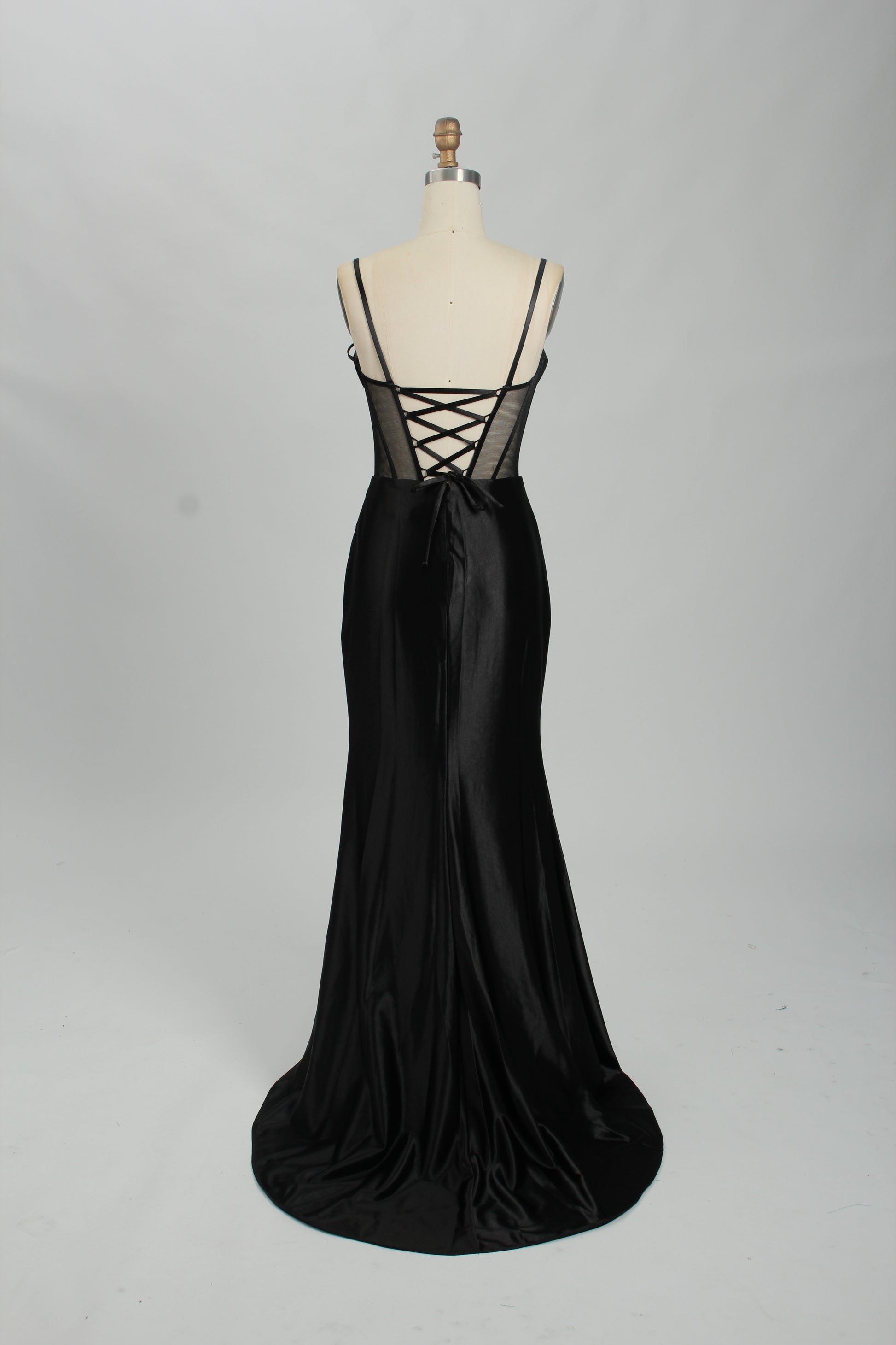 Wholesale Royal Blue Satin Prom Dress - Sheer Corset Slit Evening Gown 32727