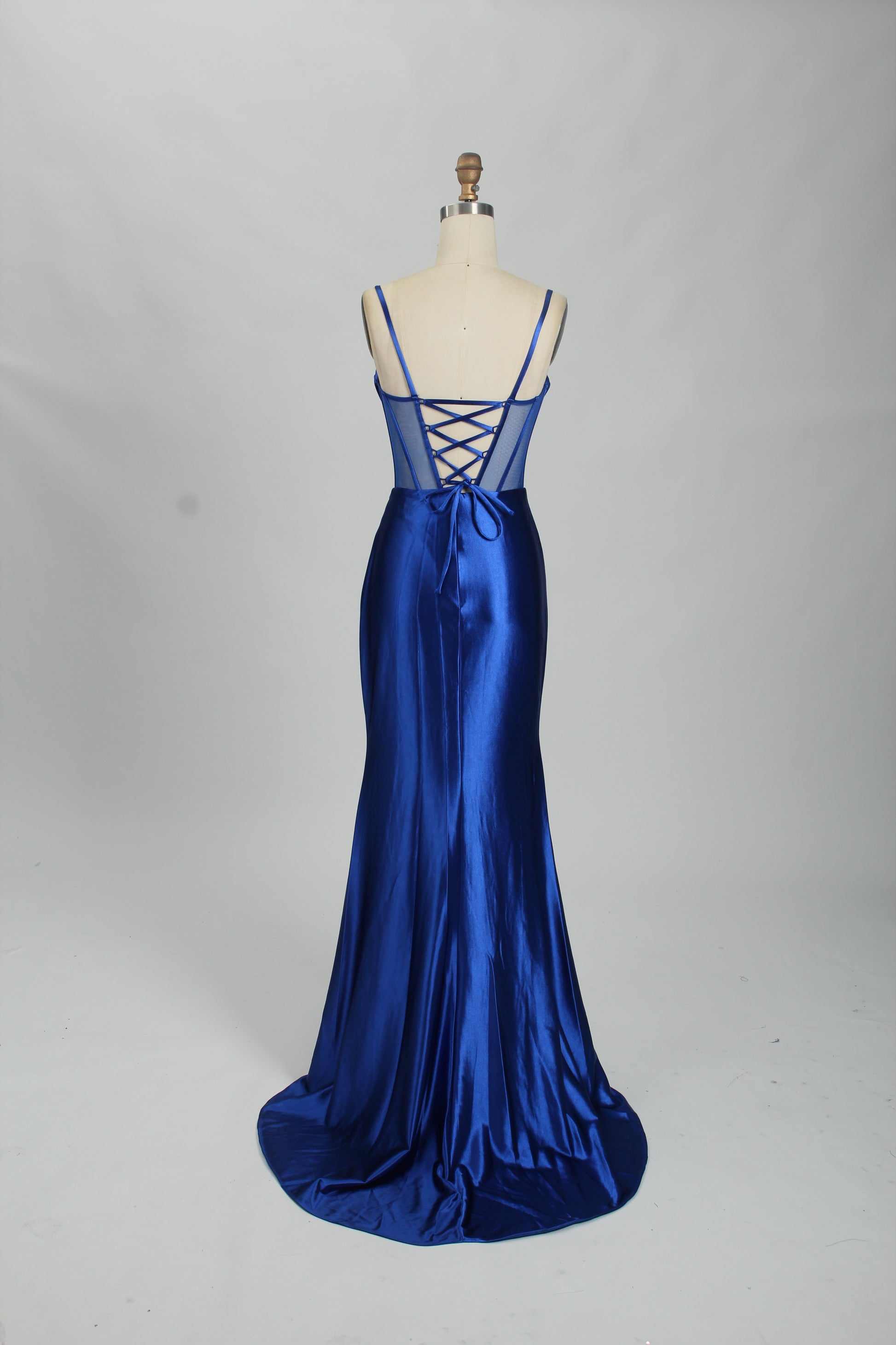 Wholesale Royal Blue Satin Prom Dress - Sheer Corset Slit Evening Gown 32727