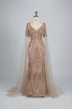 Embellished mermaid V-neck evening dress with cape sleeves, blush sequin beading