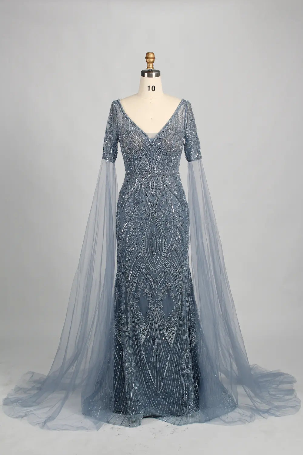 Embellished mermaid V-neck evening dress with cape sleeves, dusty blue sequins