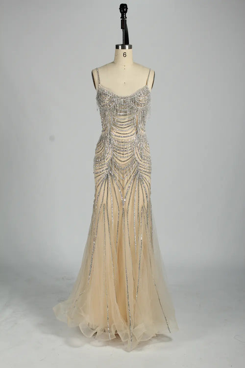 Champagne beaded mermaid evening dress with delicate spaghetti straps, tulle hem