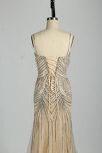 Champagne Beaded Mermaid Evening Dress with Delicate Straps KY041
