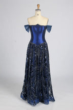 Navy Off-the-Shoulder Beaded A-Line Mother of the Bride Dress KY070