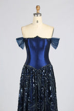 Navy Off-the-Shoulder Beaded A-Line Mother of the Bride Dress KY070
