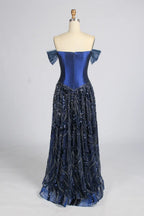 Navy Off-the-Shoulder Beaded A-Line Mother of the Bride Dress KY070