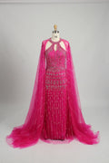 Hot Pink Beaded Mother of the Bride Dress with Sheer Cape MC109
