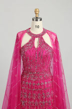 Hot Pink Beaded Mother of the Bride Dress with Sheer Cape MC109