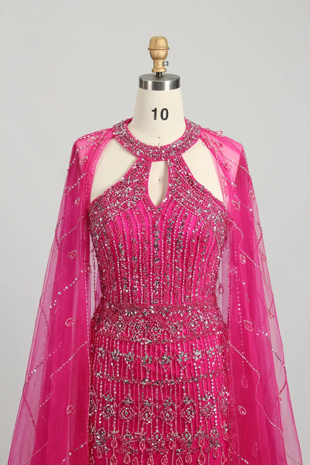 Hot Pink Beaded Mother of the Bride Dress with Sheer Cape MC109