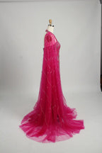Hot Pink Beaded Mother of the Bride Dress with Sheer Cape MC109