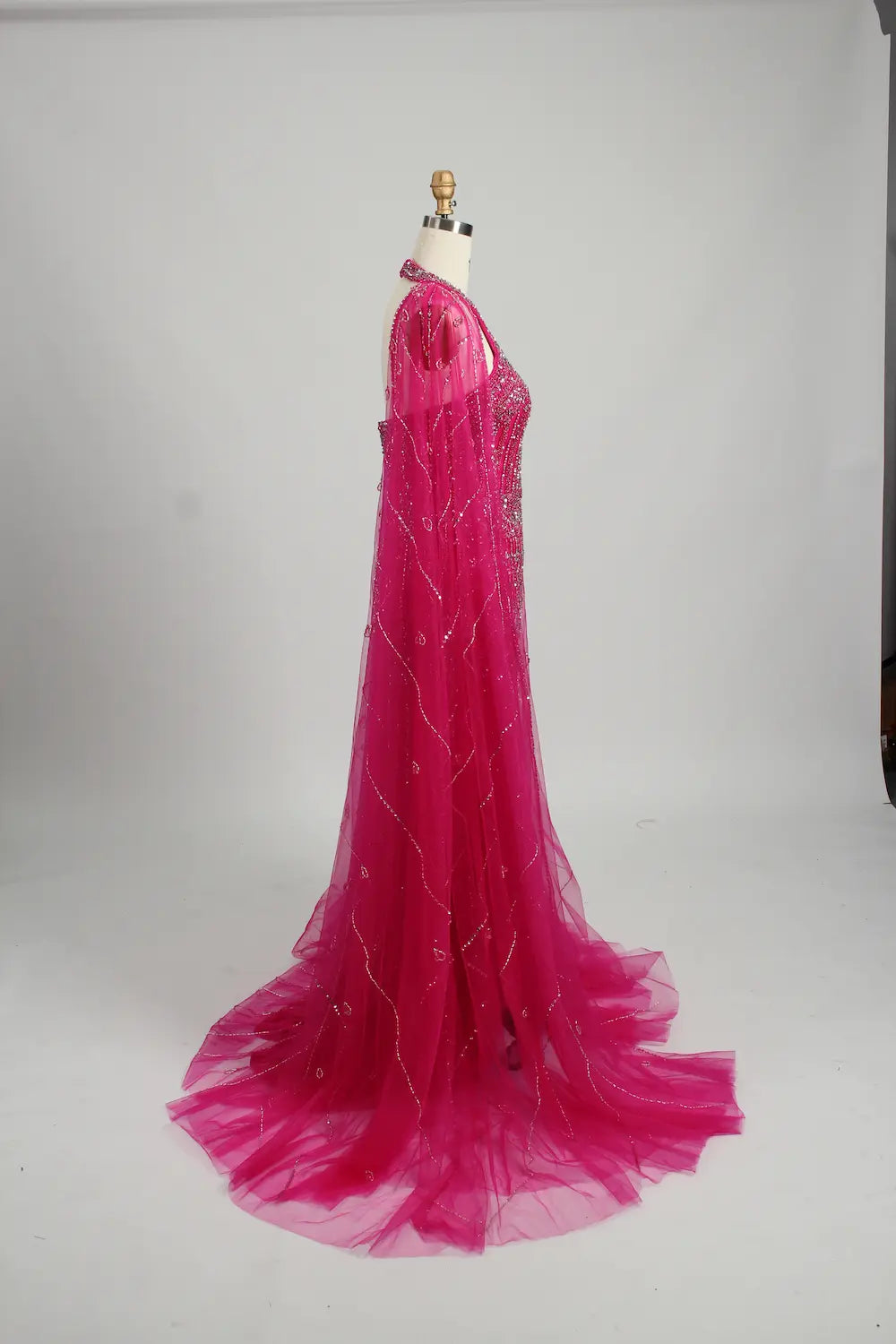 Hot Pink Beaded Mother of the Bride Dress with Sheer Cape MC109