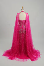 Hot Pink Beaded Mother of the Bride Dress with Sheer Cape MC109