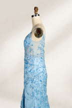 A mannequin showcases a light - blue tulle gown. It has thin straps, a V - neck, floral embroidery, and a high side slit. The intricate design, with sheer bodice details, suits formal events like galas or proms, radiating elegance and charm.5