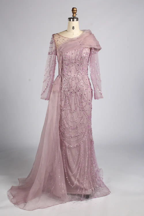 Dusty pink mother of the bride mermaid dress with draped off-shoulder and beadwork